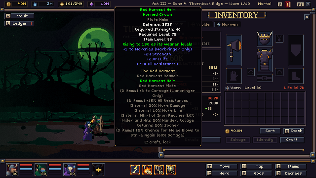 The inventory with a set helm's tooltip showing its lit set bonuses